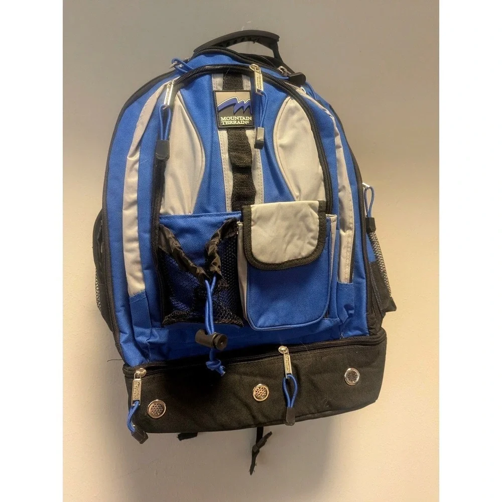 Mountain Terrain Backpack Black Blue Multi-Pockets School Backpack Zippered